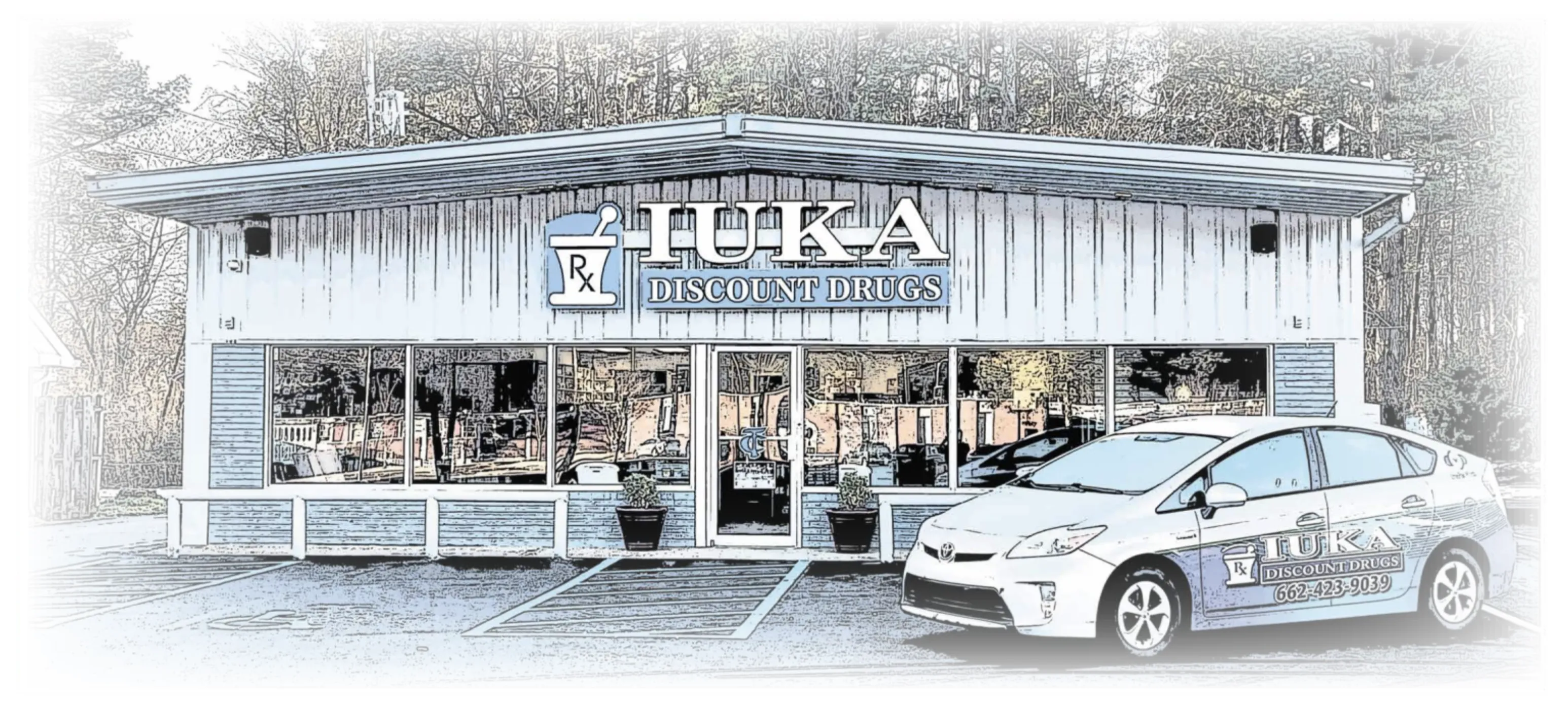 Iuka Discount Drugs storefront with the delivery car parked outside