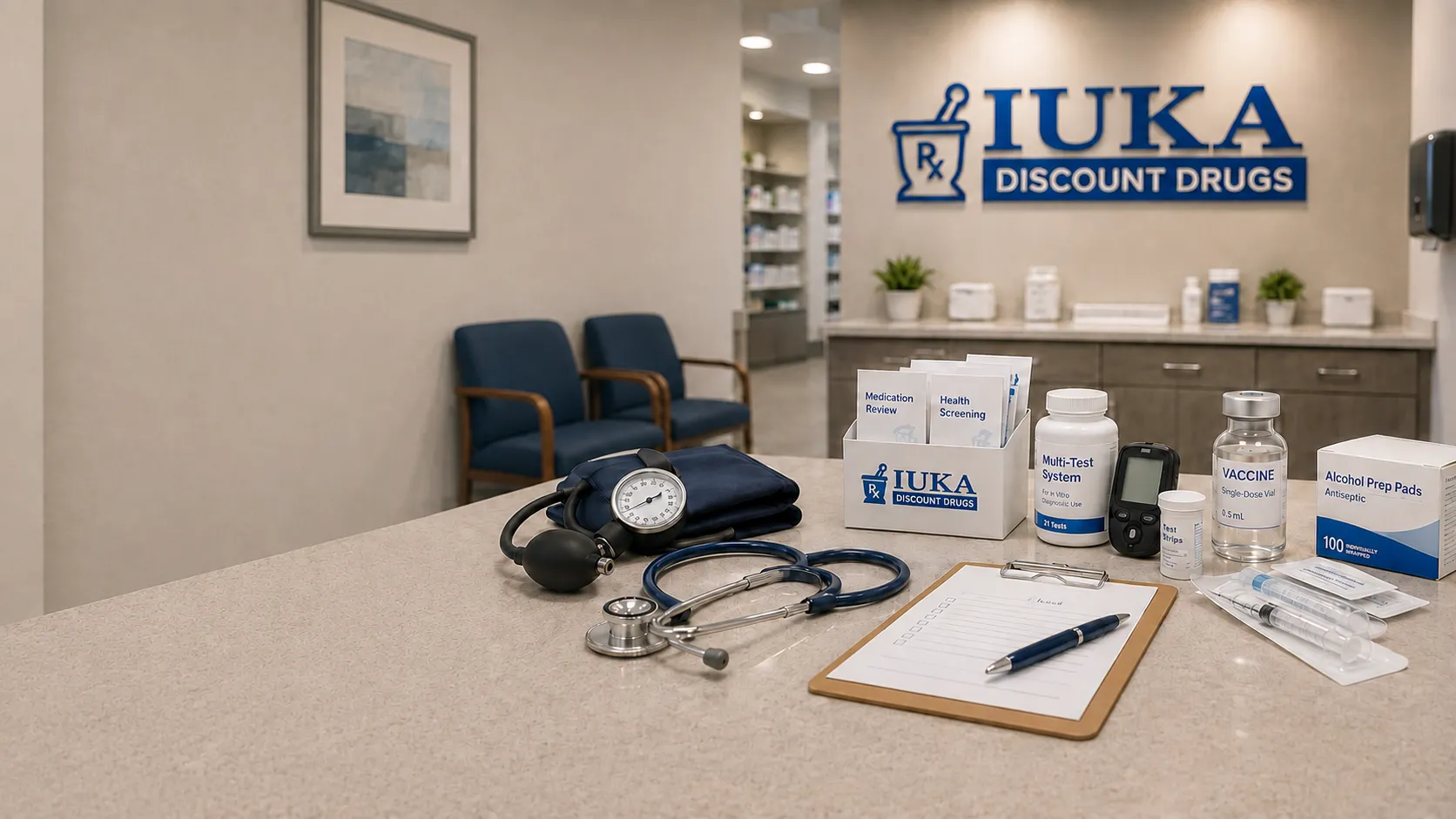 Blood pressure cuff, vaccine vial and testing supplies at the pharmacy counter