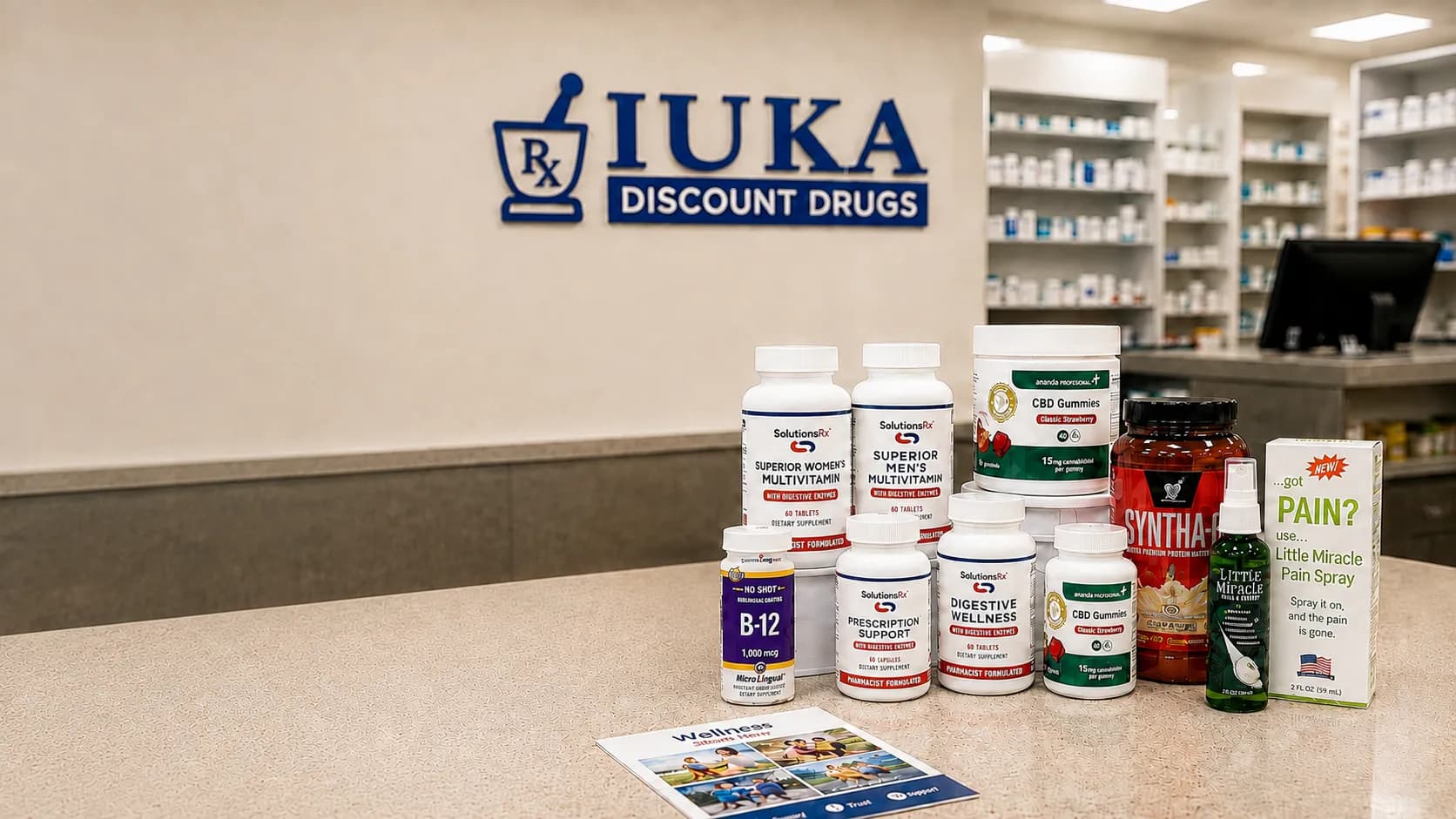 SolutionsRx vitamins and wellness products on the pharmacy counter